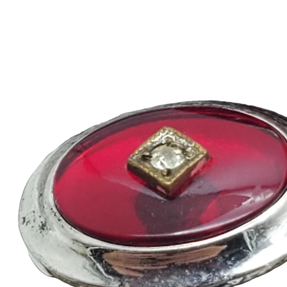 Anson Silver Tone Red Enamel & Rhinestone Oval Cufflink & Tie Bar Suit Accessory